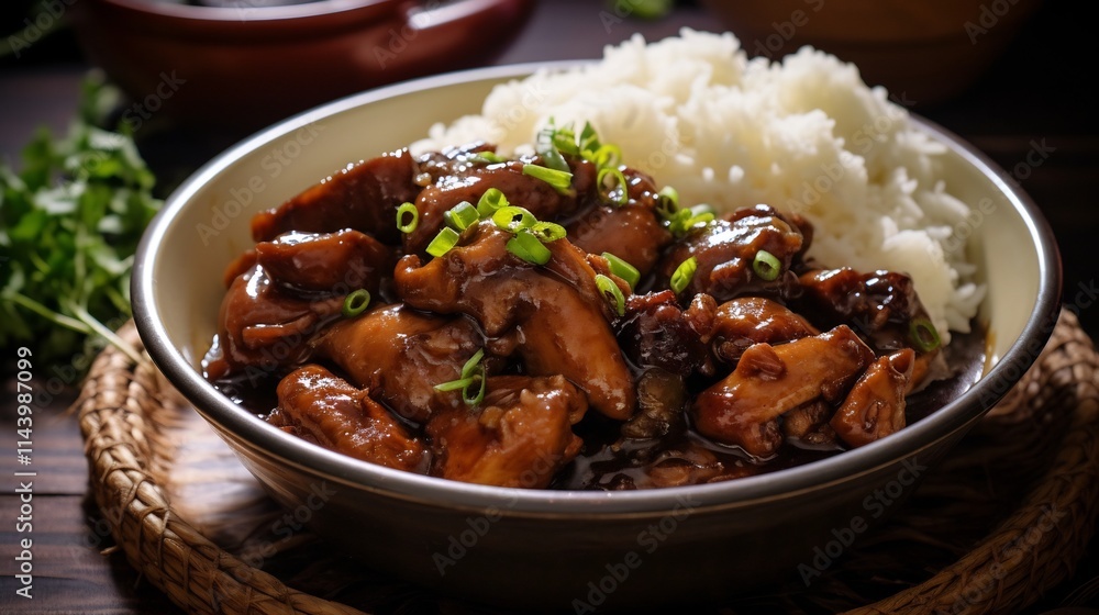 Delectable Filipino Style Adobo Chicken Stew Simmered in a Savory Blend of Soy Sauce Vinegar and Garlic Served Alongside Fluffy Steamed Rice for a Comforting and Authentic Culinary Experience Delectable Filipino Style Adobo Chicken Stew Simmered in a Savory Blend of Soy Sauce Vinegar and Garlic Served Alongside Fluffy Steamed Rice for a Comforting and Authentic Culinary Experience