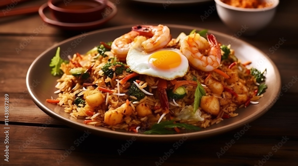 Closeup overhead shot of a delicious serving of Indonesian nasi goreng fried rice topped with a sunny side up egg and crispy prawn crackers The flavorful dish is served on a plain background Closeup overhead shot of a delicious serving of Indonesian nasi goreng fried rice topped with a sunny side up egg and crispy prawn crackers The flavorful dish is served on a plain background