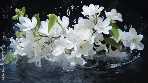 White jasmine flowers, with splashes of water  Generate AI