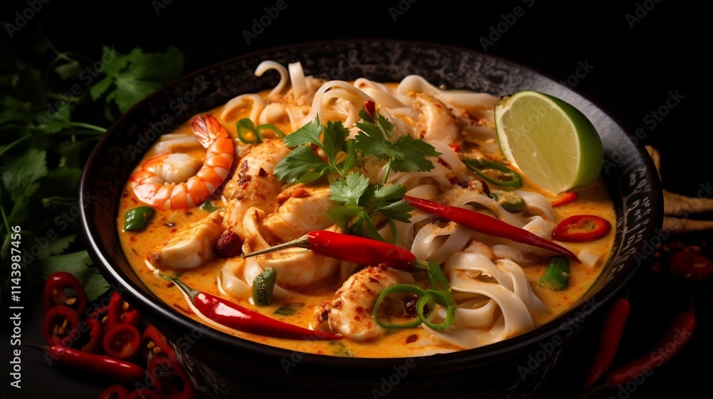 Mouthwatering Malaysian Laksa Noodle Soup Featuring a Creamy Coconut Milk Base Aromatic Spices and a Variety of Fresh Seafood Toppings