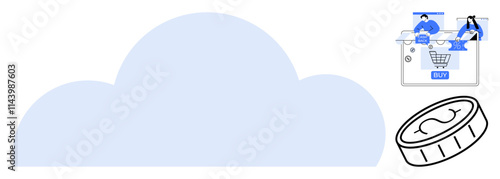 Cloud icon in center with online shopping cart, people, and laptop on the upper right and a digital coin on the bottom right. Ideal for technology, digital economy, e-commerce, finance, cloud