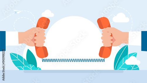 Two men talking on the phone. Negotiations. Business communication via phone. Telephone conversation. Telephone call expert to generate lead or sales. Vector illustration