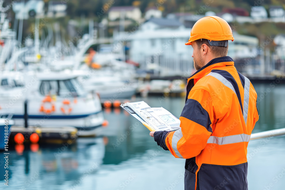 Male engineer inspecting boats at harbor in bright orange safety gear Male engineer inspecting boats at harbor in bright orange safety gear