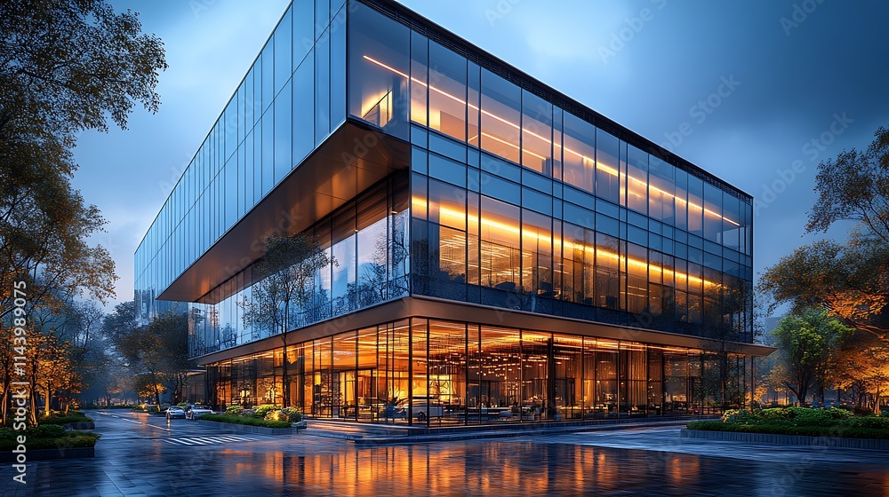 Dusk light bathes the modern glass office building and reflecting water picture Dusk light bathes the modern glass office building and reflecting water picture