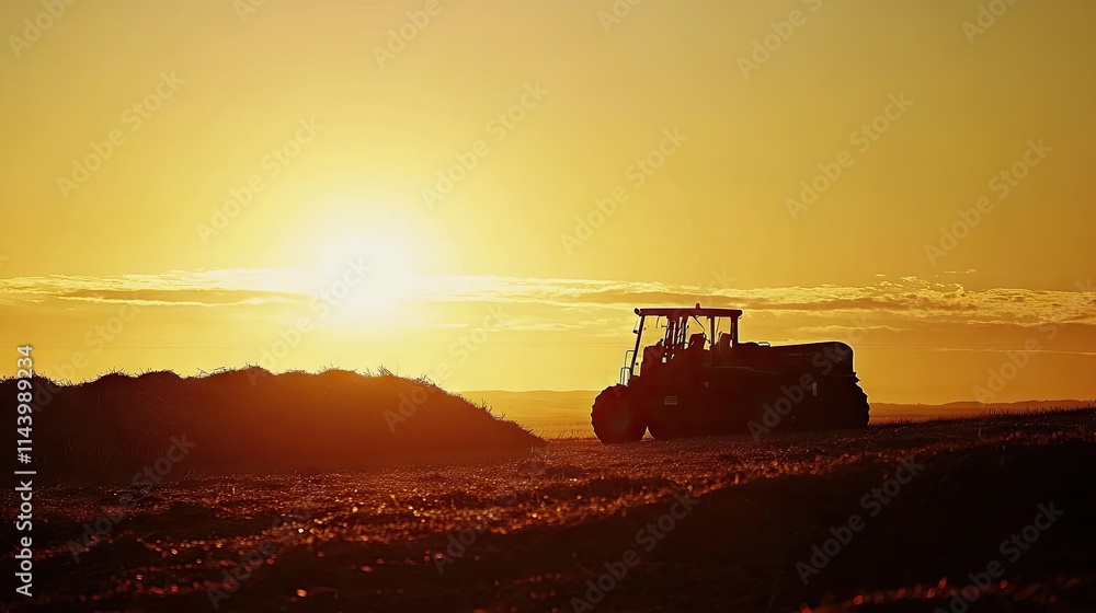 Fototapeta premium Farm Tractor Silhouette Against Golden Sunset on Agricultural Field