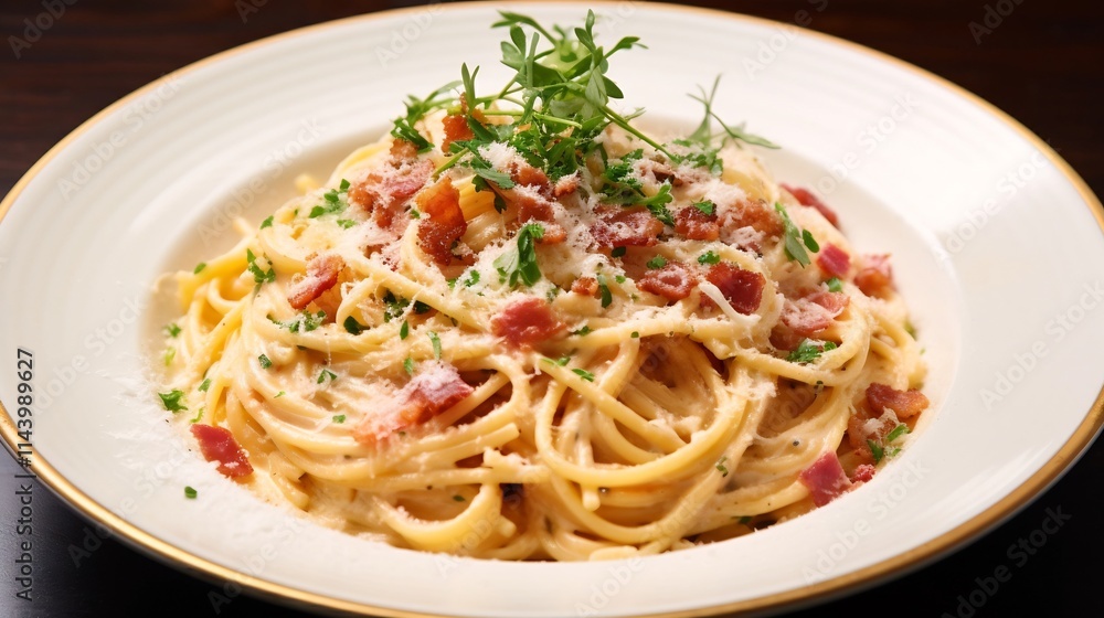 Delectable Italian Spaghetti Carbonara with Creamy Sauce Pancetta and Parmesan Perfectly cooked pasta in a rich velvety sauce topped with crispy pancetta and freshly grated Parmesan cheese Delectable Italian Spaghetti Carbonara with Creamy Sauce Pancetta and Parmesan Perfectly cooked pasta in a rich velvety sauce topped with crispy pancetta and freshly grated Parmesan cheese