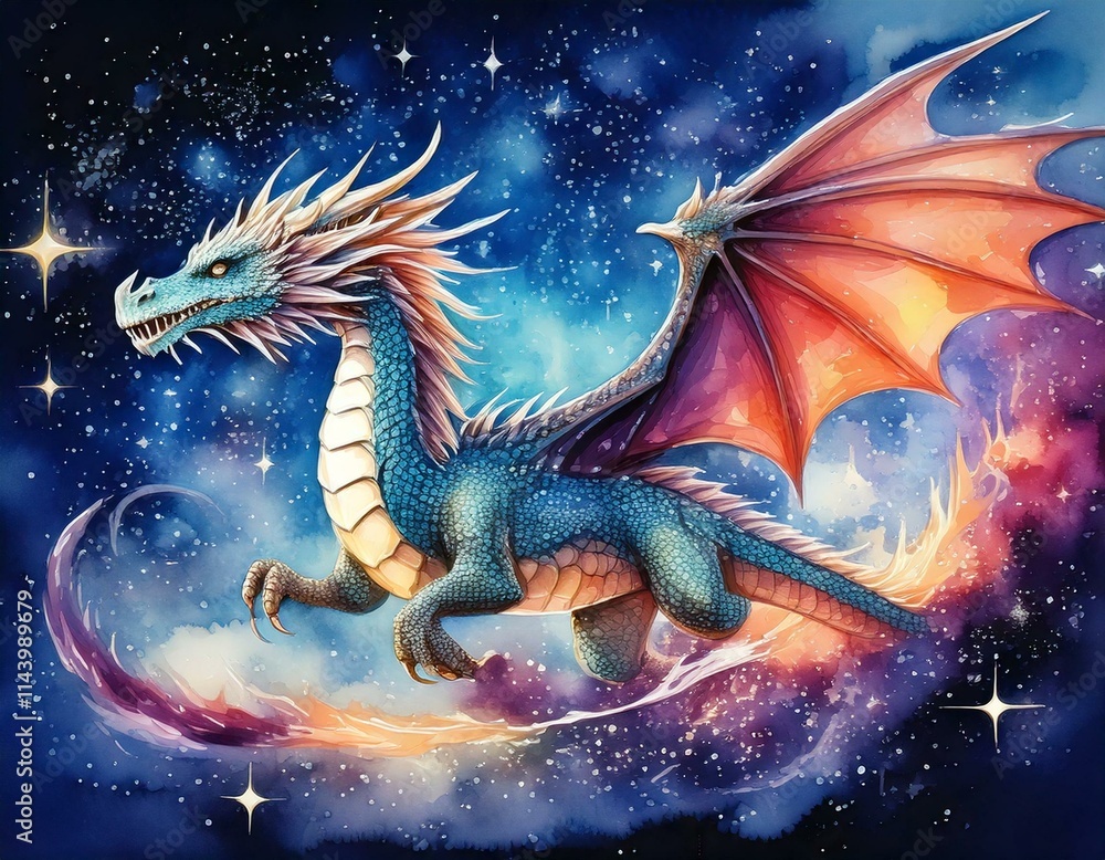 Mystical watercolor dragon soaring through a starlit galaxy Mystical watercolor dragon soaring through a starlit galaxy