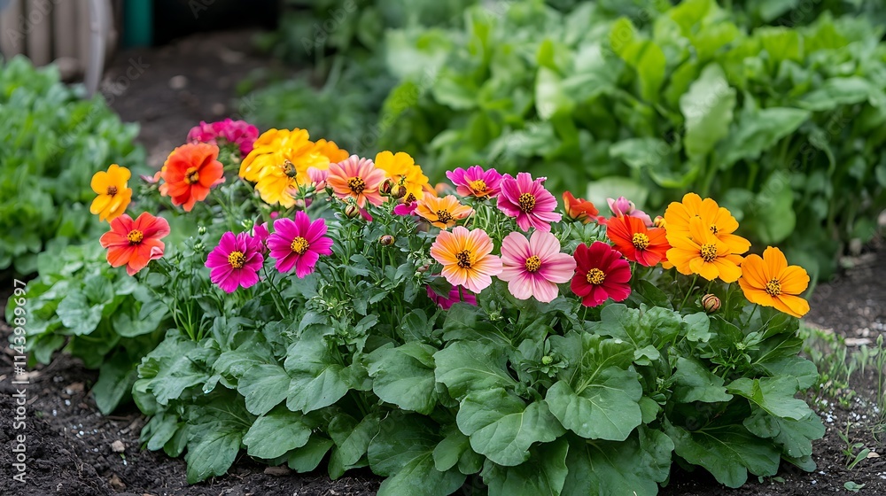 Vibrant multicolored flowers blooming in a garden bed. Vibrant multicolored flowers blooming in a garden bed.