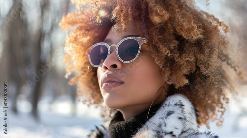 Sport Sunglasses. Beautiful African American Woman Enjoying Winter in Park