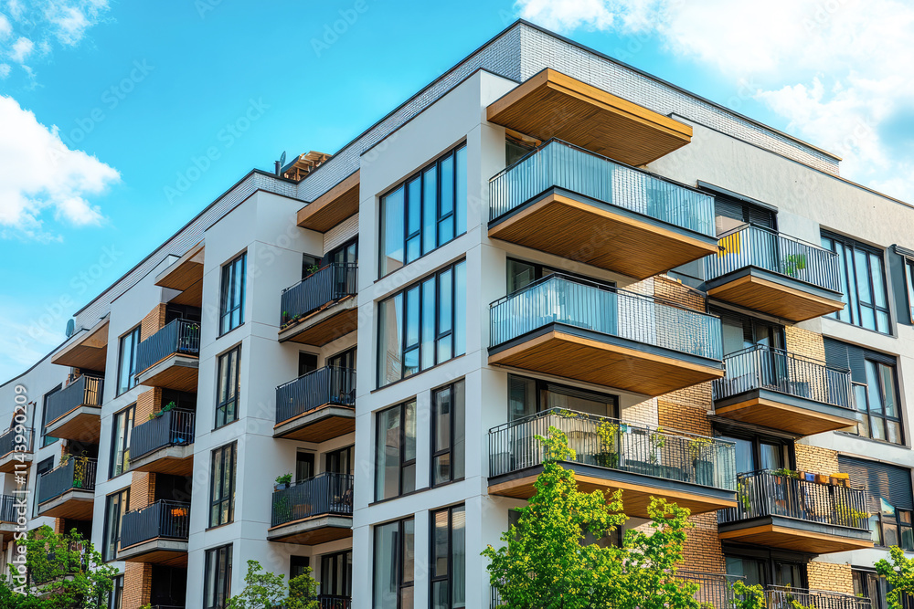 Modern urban apartment building with balconies against blue sky Modern urban apartment building with balconies against blue sky