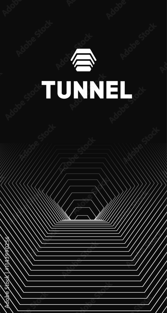 Futuristic black and white tunnel with concentric hexagonal lines creating an optical illusion of depth and motion. Futuristic black and white tunnel with concentric hexagonal lines creating an optical illusion of depth and motion.