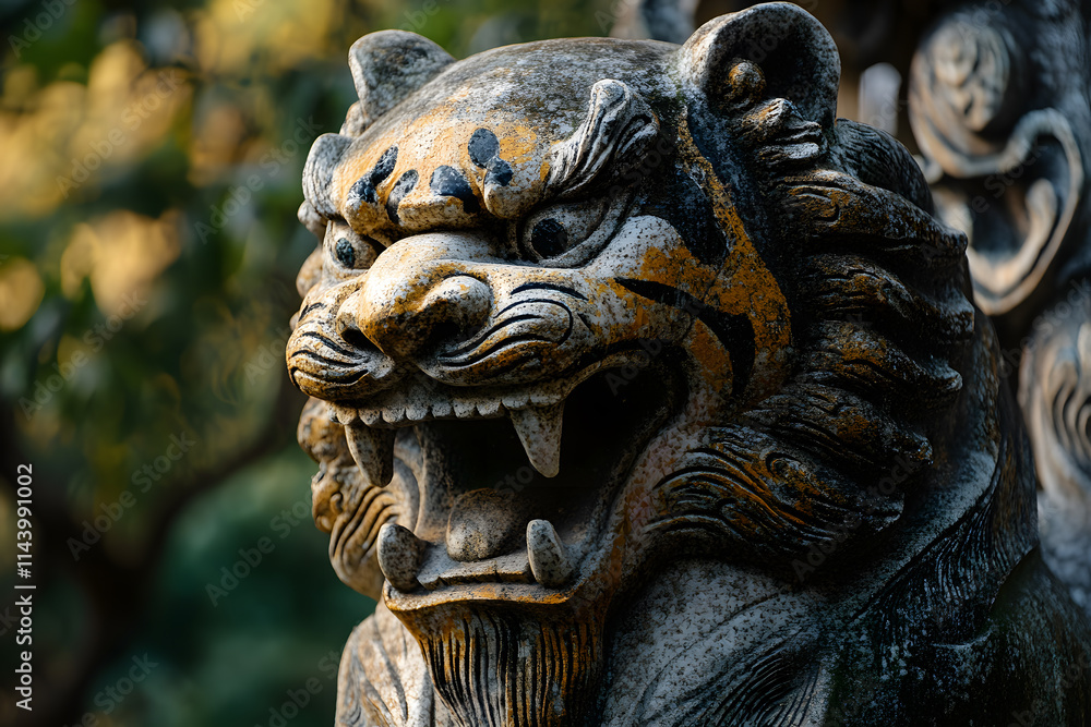 Ancient Stone Guardian Lion Statue in a Serene Garden Ancient Stone Guardian Lion Statue in a Serene Garden