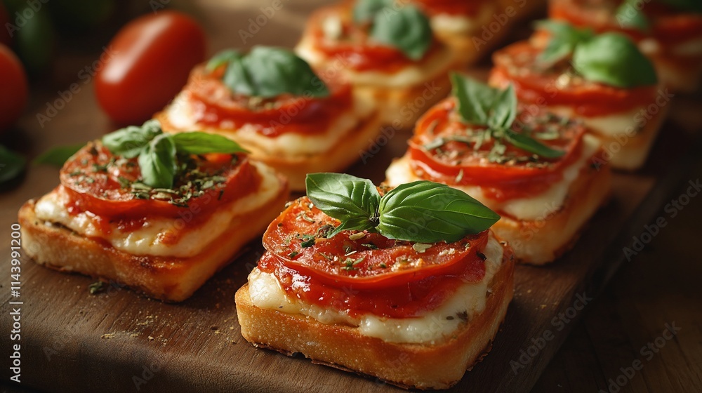 Delicious mini pizzas on toasted bread with tomato, mozzarella, and basil. Delicious mini pizzas on toasted bread with tomato, mozzarella, and basil.