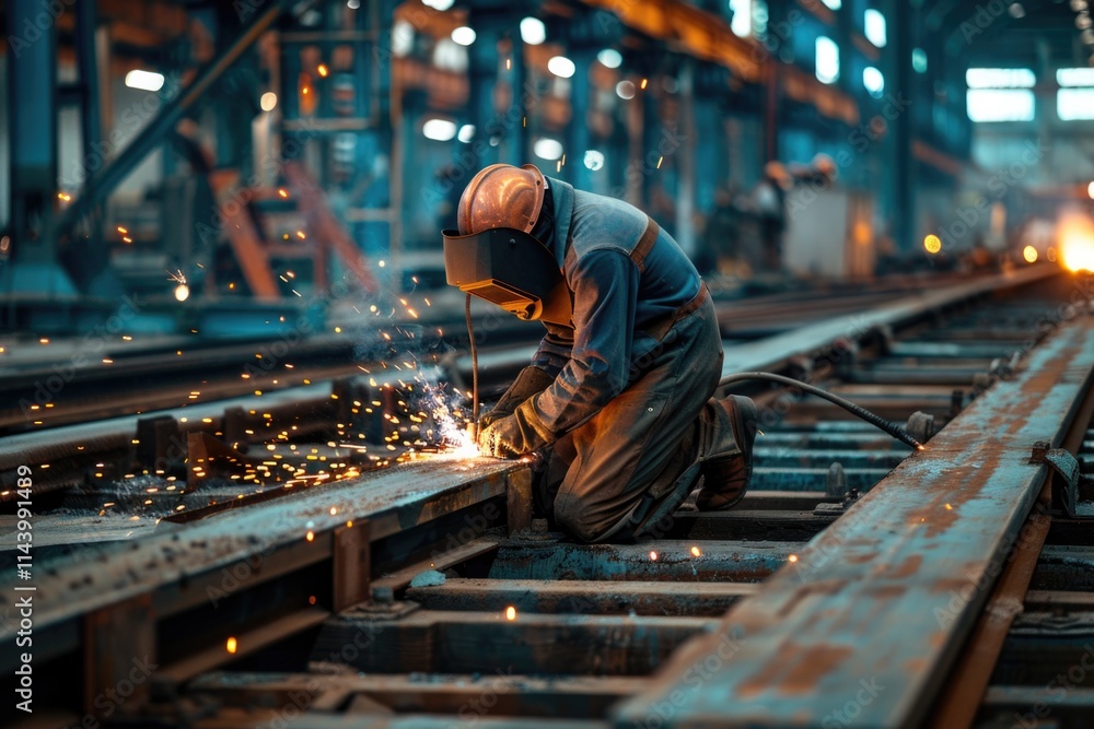 Steel Welding. Man at Work in Metal Factory, Toned Image of Occupation and Industry Steel Welding. Man at Work in Metal Factory, Toned Image of Occupation and Industry
