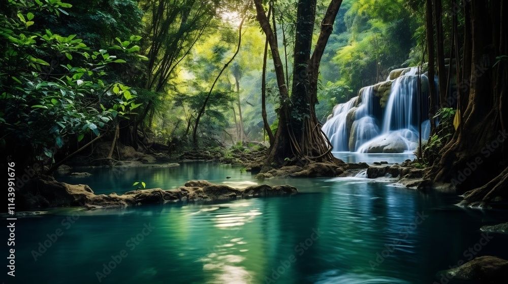 Naklejka premium Picturesque Erawan Waterfall in Kanchanaburi Thailand Surrounded by Verdant Jungle Foliage and Natural Beauty