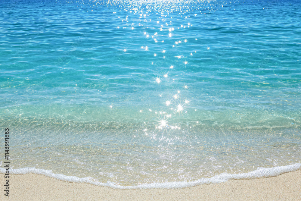Sparkling sunlit waves gently lap at pristine sandy beach Sparkling sunlit waves gently lap at pristine sandy beach