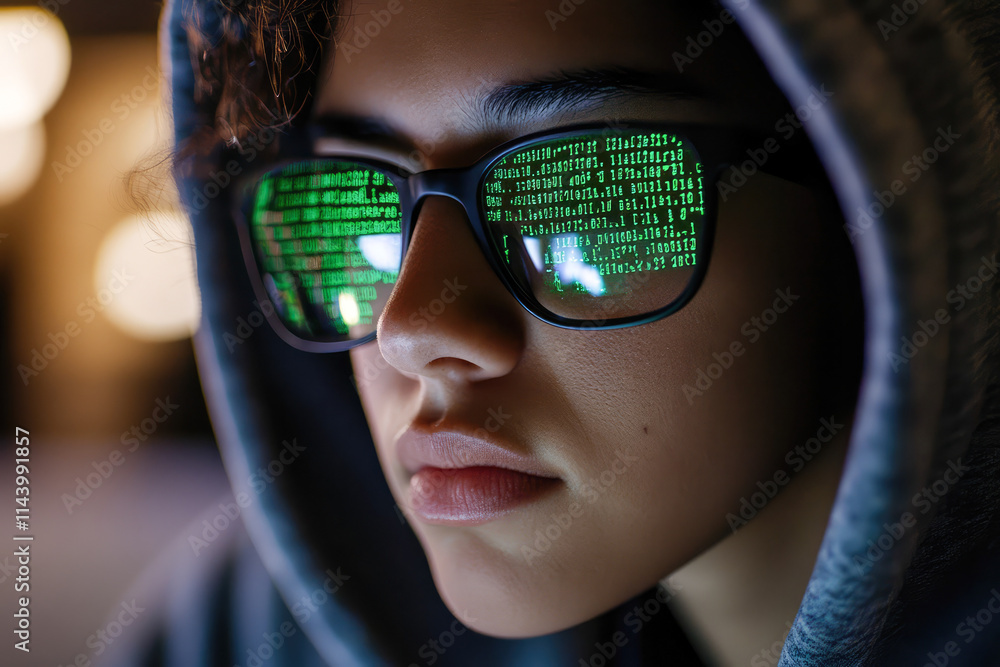 Young caucasian male hacker in hood with code reflected in glasses Young caucasian male hacker in hood with code reflected in glasses