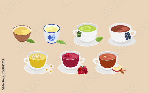 chinese tea, green tea, Black tea, Herbal Tea, Fruit Tea, illustration for menu.