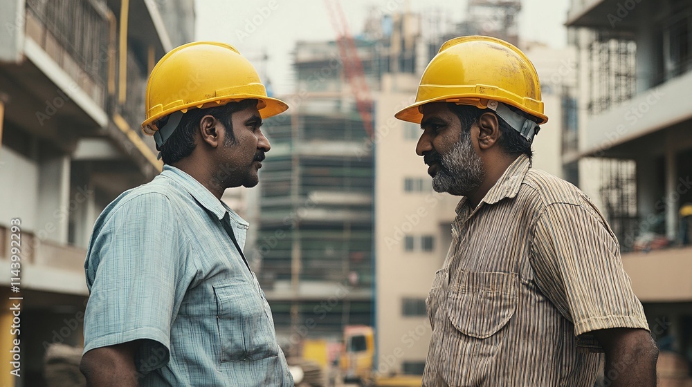 Two South Asian male construction workers in hard hats engage in a serious discussion on-site. Two South Asian male construction workers in hard hats engage in a serious discussion on-site.