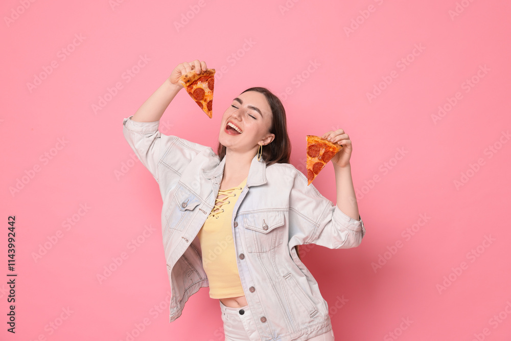Beautiful woman with delicious pizza on pink background Beautiful woman with delicious pizza on pink background