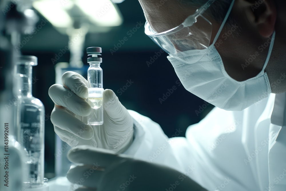 Male scientist examining liquid sample in laboratory setting Male scientist examining liquid sample in laboratory setting