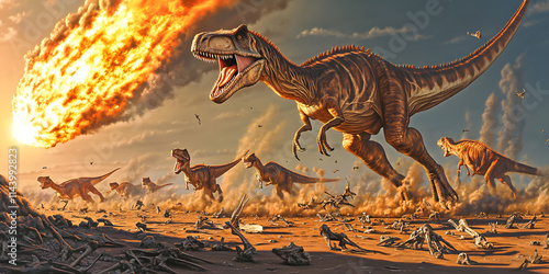 Fototapeta Naklejka Na Ścianę i Meble -  Dinosaur Extinction: A fiery meteor strikes, chaos unfolds amongst the dinosaurs, a prehistoric catastrophe.