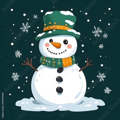 Cheerful snowman in green hat and scarf, snowy background. photo