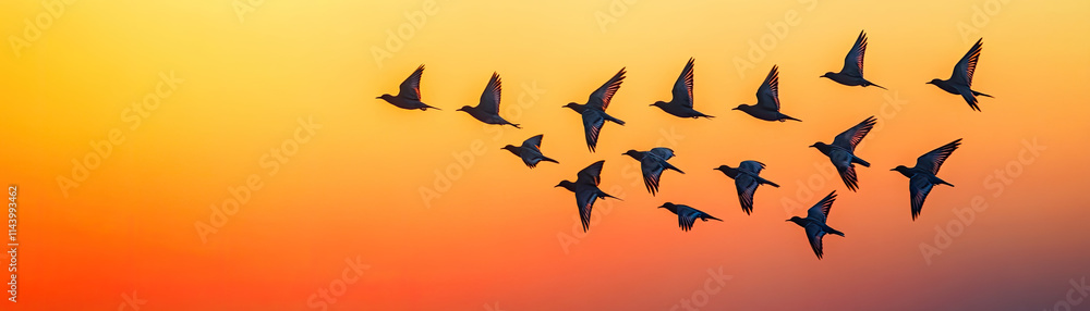 Flock of birds in flight during sunset nature scene tranquil environment aerial view serenity concept Flock of birds in flight during sunset nature scene tranquil environment aerial view serenity concept