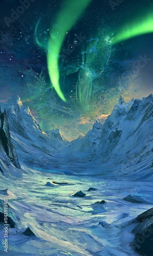 Majestic northern lights illuminate snowy mountain landscape at dusk