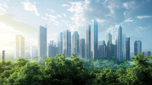 A striking view of a modern skyline surrounded by lush greenery, showcasing a harmonious blend of nature and architecture.