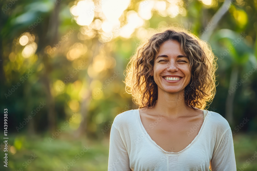 Smiling caucasian young woman in nature with sunlit background Smiling caucasian young woman in nature with sunlit background