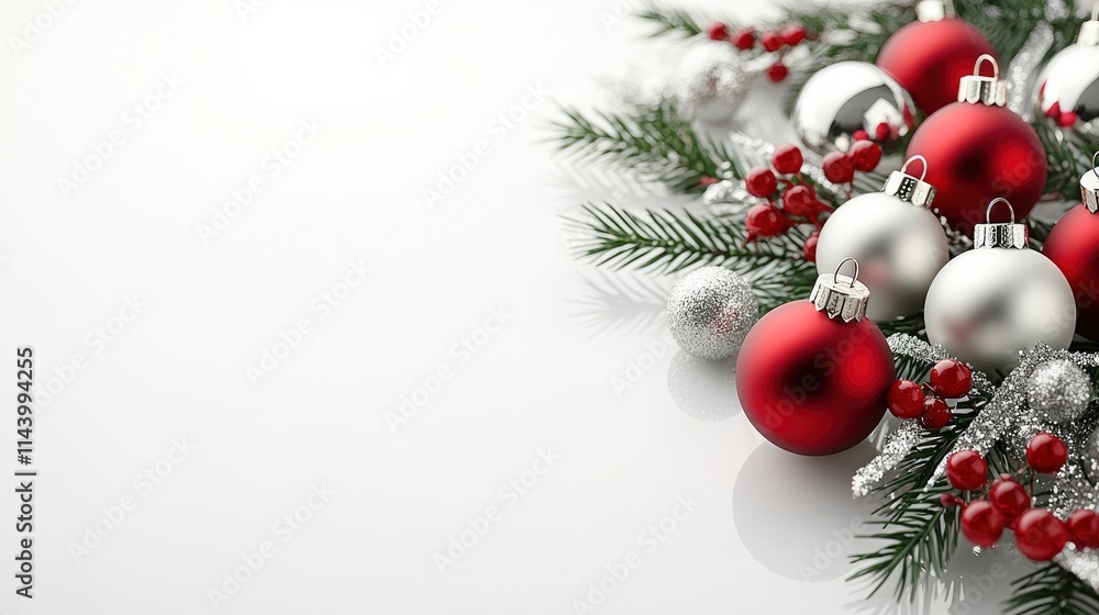 Festive Christmas Ornament Arrangement with Red and Silver Baubles and Fir Branches on White Festive Christmas Ornament Arrangement with Red and Silver Baubles and Fir Branches on White