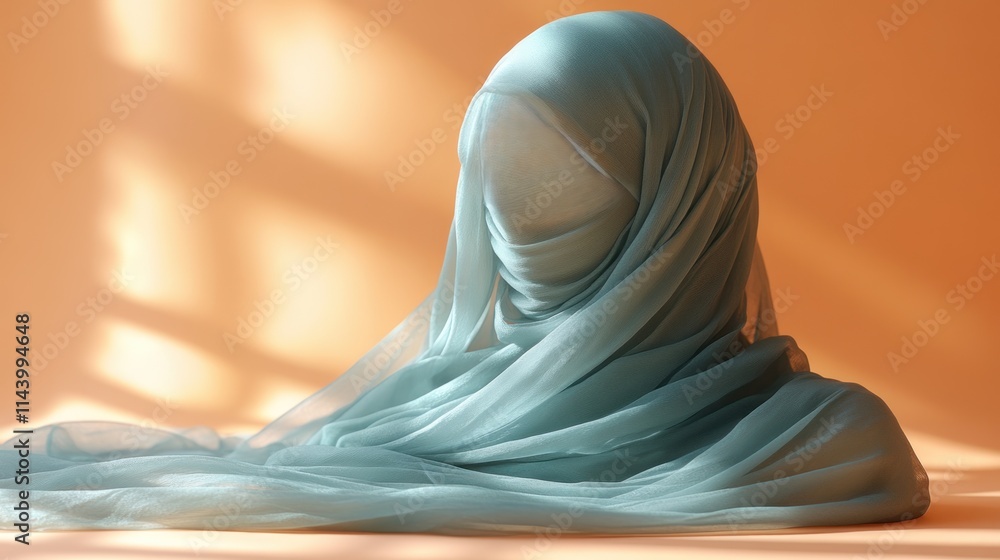 Light blue hijab draped on mannequin against peach background. Light blue hijab draped on mannequin against peach background.