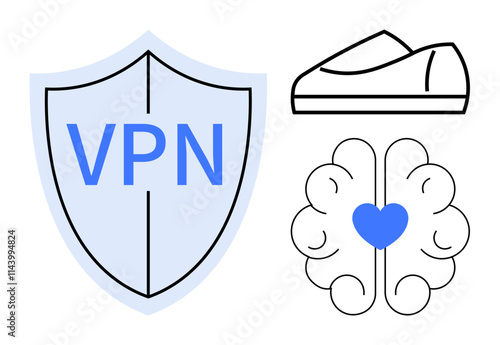 Shield with VPN text for security, sneaker for fitness, and brain with a heart for mental health. Ideal for cybersecurity, fitness apps, mental health awareness, wellness programs, data protection