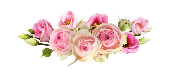 Pink rose and eustoma flowers in a line floral arrangement isolated on white or transparent background