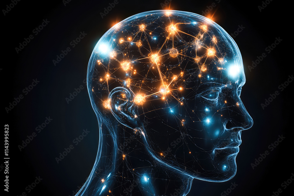 Human brain with neural connections and glowing synapses Human brain with neural connections and glowing synapses