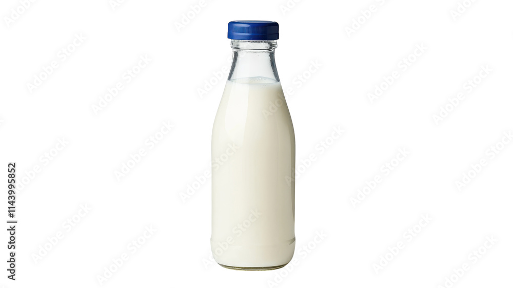 A Glass Bottle of Milk with a Blue Cap Perfect for Healthy Lifestyle and Culinary Arts. A Glass Bottle of Milk with a Blue Cap Perfect for Healthy Lifestyle and Culinary Arts.