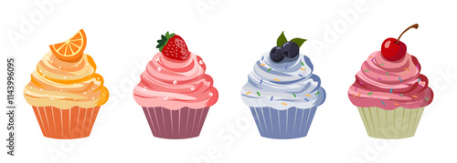 Set of delicious fruit cupcakes with cream and dope Strawberry, orange, cherry and blueberry. Vector illustration of dessert. Icons, stickers Isolated on white background.