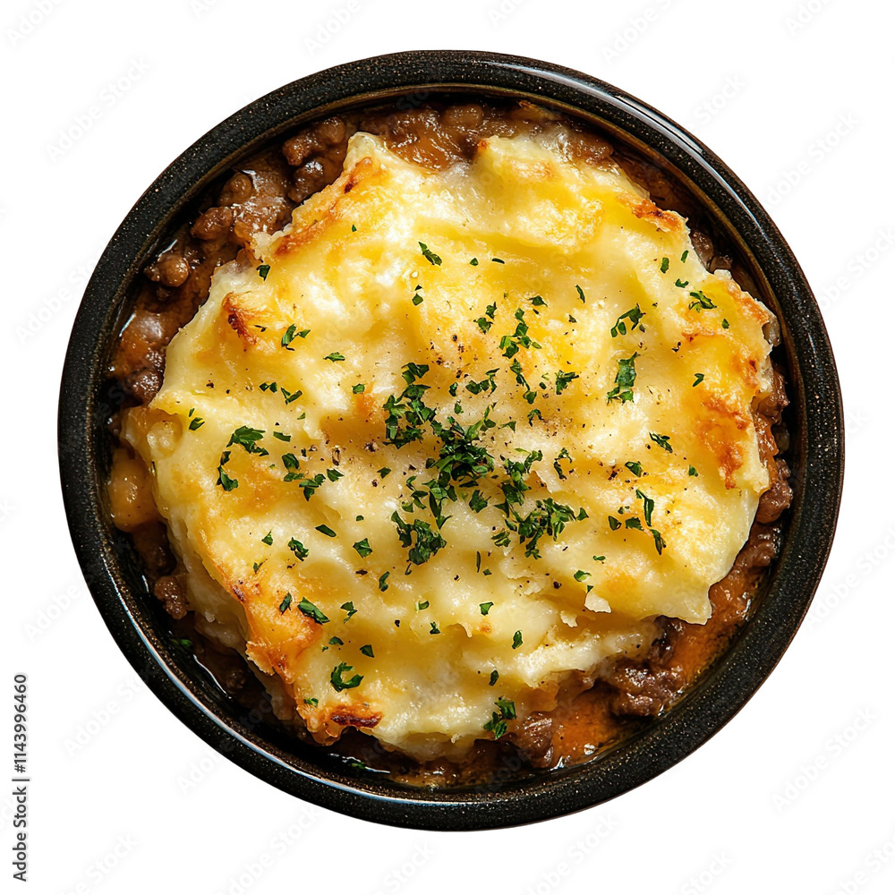 Top view of a delicious looking shepherd's pie on a dark bowl isolated on a white transparent background Top view of a delicious looking shepherd's pie on a dark bowl isolated on a white transparent background