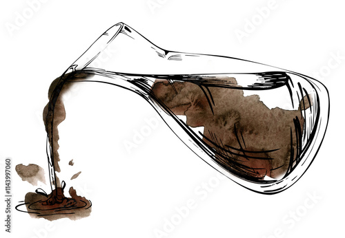 Hand drawn watercolor ink, transparent glass vase jar jug bottle pouring soy teriyaki sauce coffee with splash. Isolated illustration for wedding, cards, spa, florist shop, cafe restaurant, commerce.