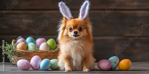 Adorable Dog with Bunny Ears and Easter Eggs
