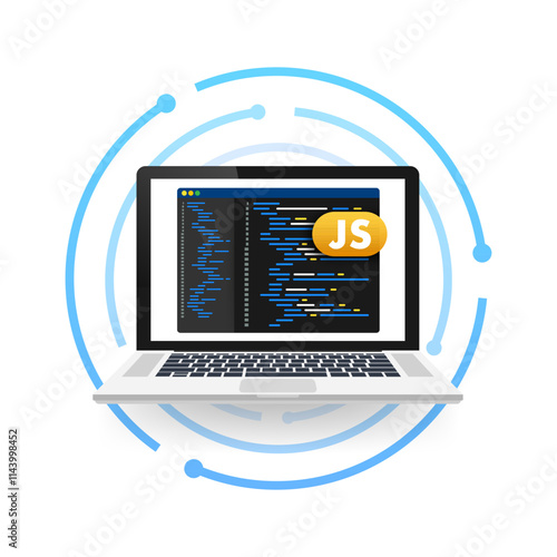 Laptop showing javascript code on screen programming and software development