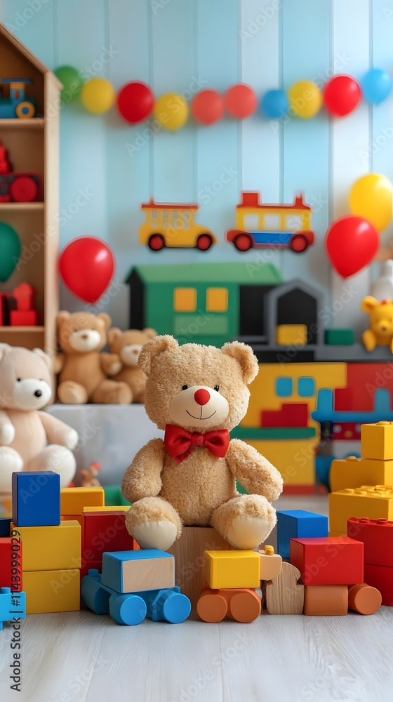 Playful teddy bear amidst colorful toys and balloons in a child's room. Playful teddy bear amidst colorful toys and balloons in a child's room.