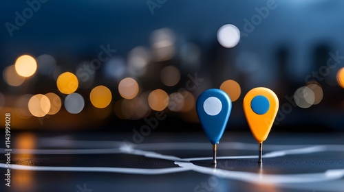 Two colorful pins on a detailed map designate the starting and destination points of a GPS navigation system, which is used for effective route planning and guidance. photo