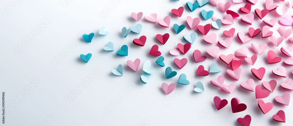 Colorful paper hearts scattered on white background create joyful atmosphere Colorful paper hearts scattered on white background create joyful atmosphere