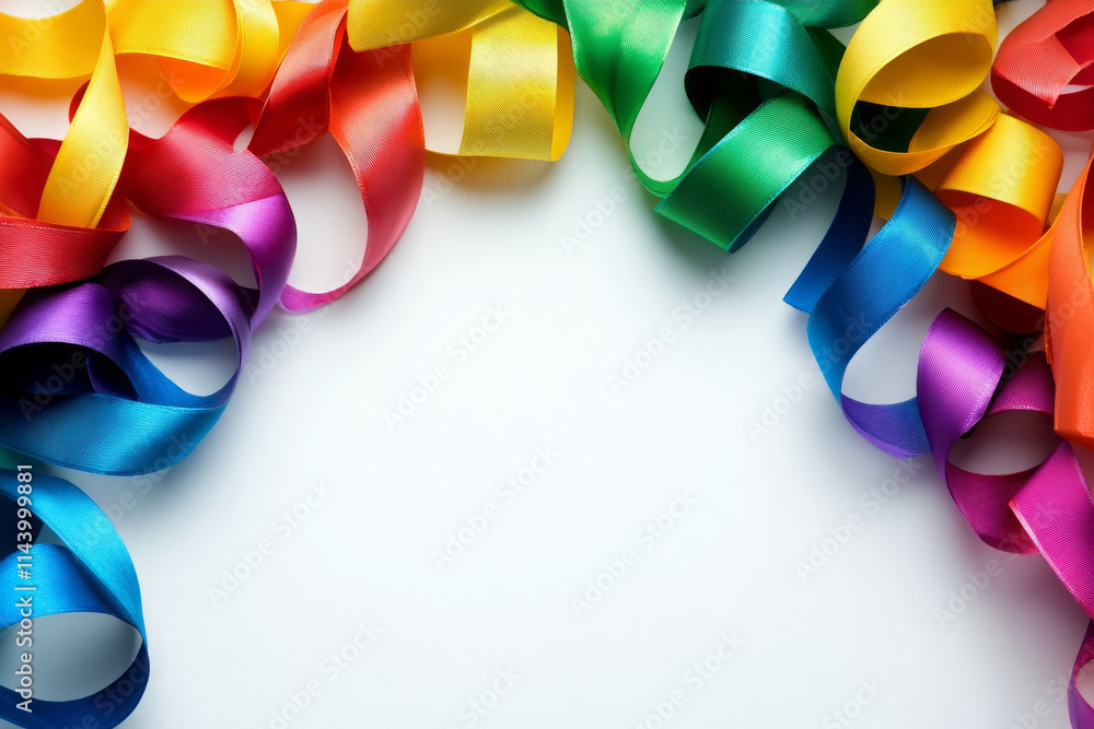Colorful ribbons create vibrant frame on white background, perfect for celebrations Colorful ribbons create vibrant frame on white background, perfect for celebrations