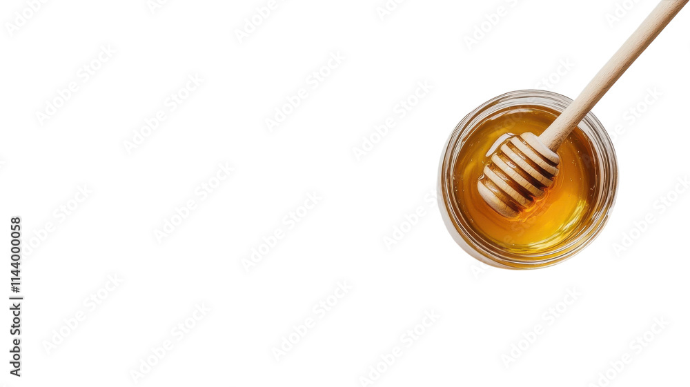 Captivating Glass Jar of Honey with a Wooden Dipper Perfect for Sweetening Beverages and Baking. Captivating Glass Jar of Honey with a Wooden Dipper Perfect for Sweetening Beverages and Baking.