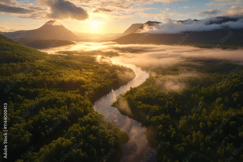 Fototapeta premium Sunrise over misty mountains and river in a serene forest landscape