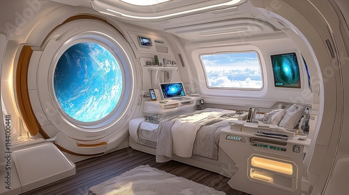 Futuristic spaceship bedroom with large porthole, bed, and workspace, overlooking planet Earth. photo