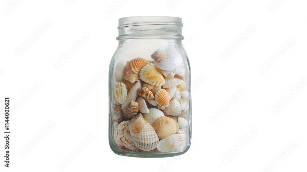 Decorative Glass Mason Jar Filled with Seashells Perfect for Coastal Home Decor and Beach-Themed Events. Decorative Glass Mason Jar Filled with Seashells Perfect for Coastal Home Decor and Beach-Themed Events.